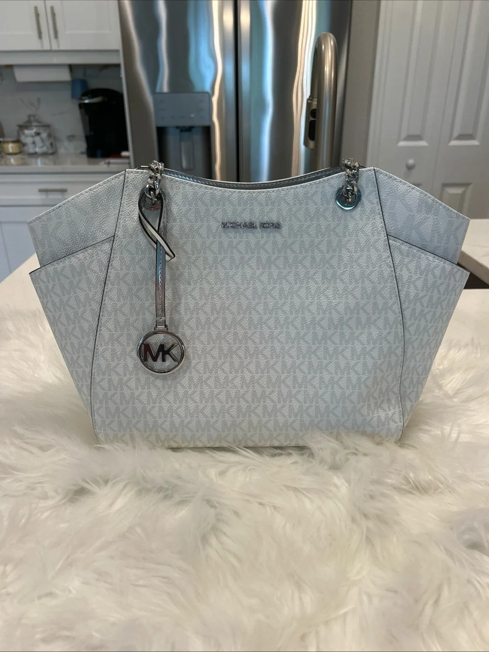 Michael Kors Silver MK Logo Tote with Matching Silver Wristlet